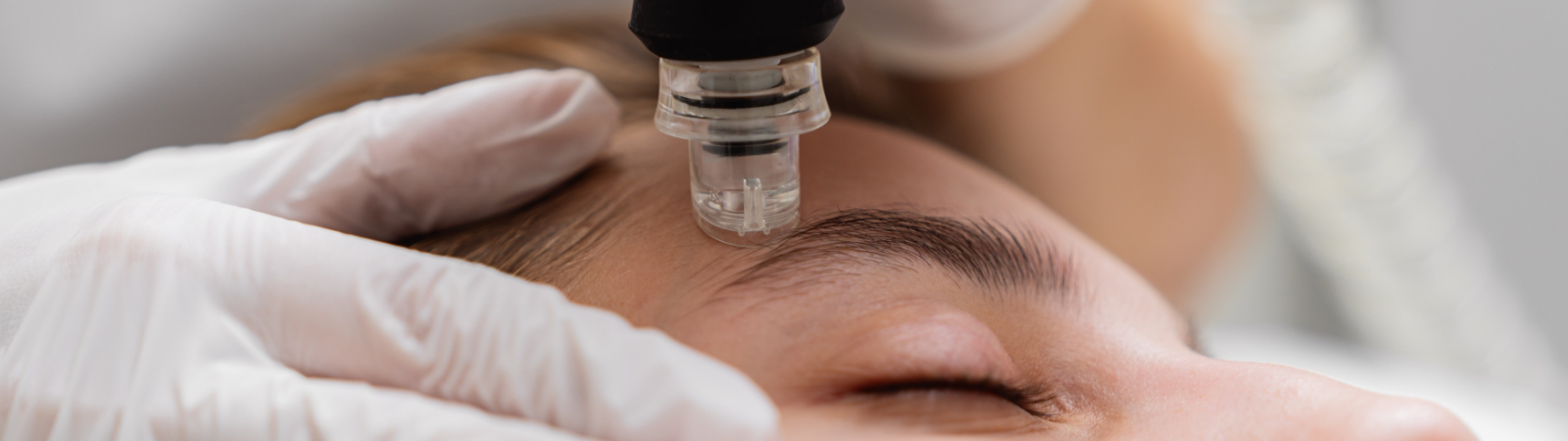 A close-up of a person receiving a microdermabrasion facial treatment, with a gloved hand holding an instrument to the person's forehead.